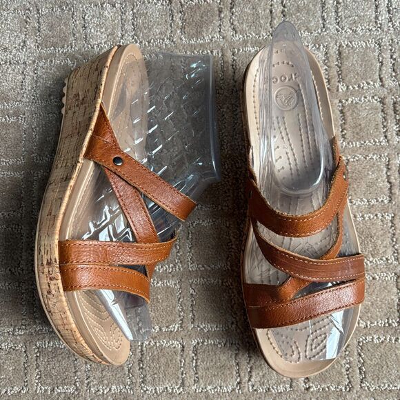 Crocs A-Leigh Sandal Cork Wedge Platform Women's 8 Brown Tan Leather Shoes - Picture 1 of 7
